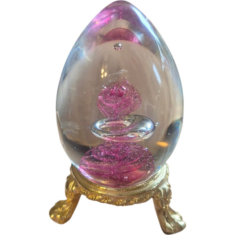 Crystal Rose Hand Blown Glass Egg Leixus With Gold Tone Stand